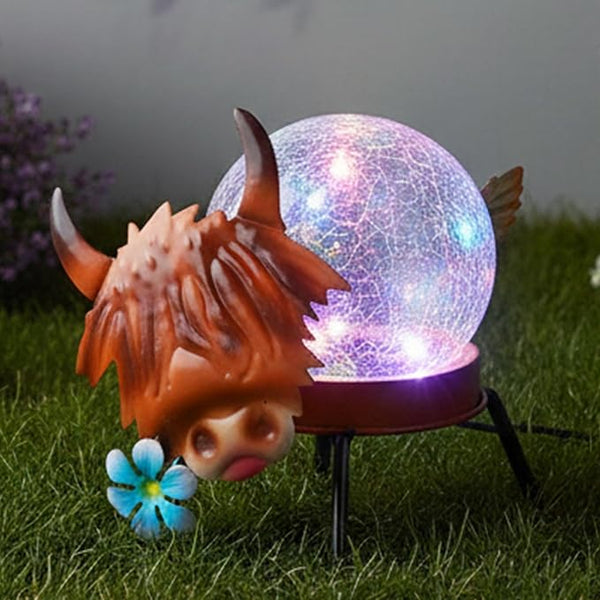 Solar Lights Outdoor Highland Cow Decor with Crackle Glass Globe Lights - Cute Metal Cow - Garden Figurine Light | Lumora
