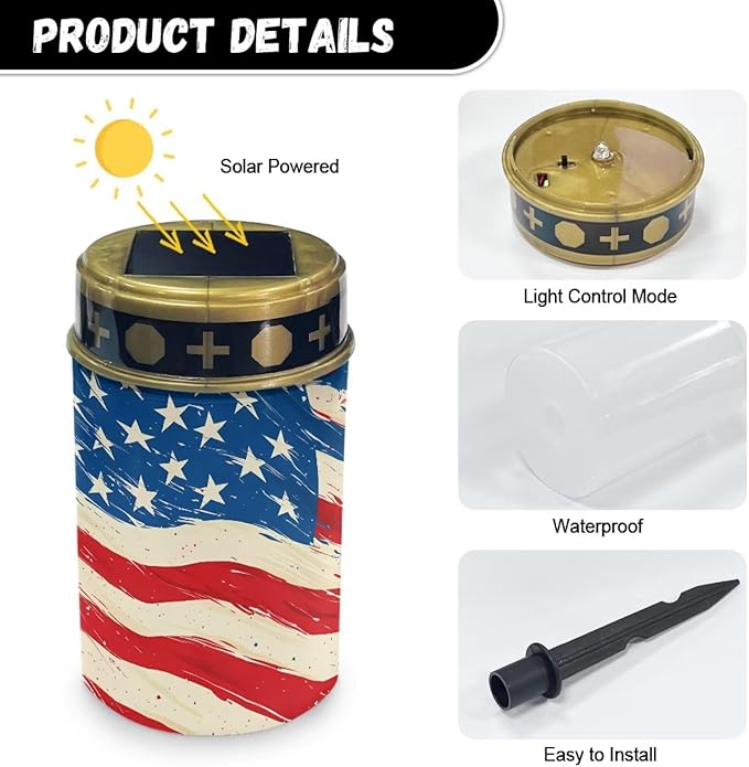 Solar Powered Garden Stake Lights American Flag Print Solar Lights Cemetery Decorations for Grave