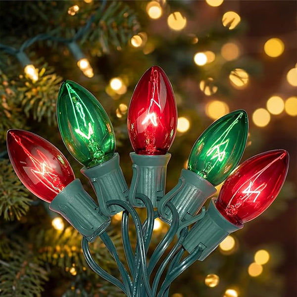 C9 Vintage Christmas String Lights, 25Ft Red & Green with 26 C9 Bulbs, Outdoor Hanging Patio Lights for Christmas | Lumora