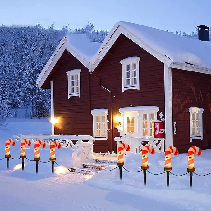 C7 Christmas Pathway String Lights, Set of 8 Christmas Candy Cane Driveway Markers with 4 C7 Clear Bulbs, Waterproof String Lights for Pathway Decor Outdoor Decoration