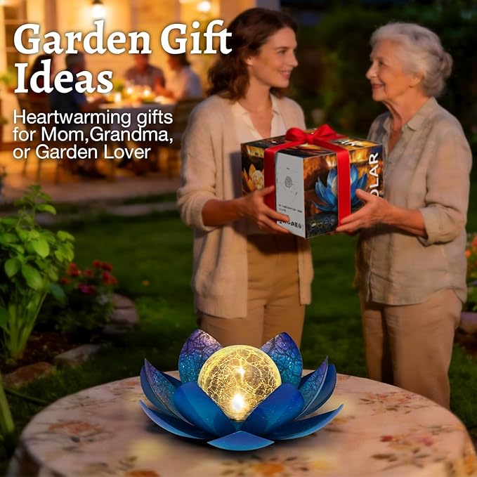 Huaxu Solar Lights Outdoor Garden Decoration Crackle Globe Glass Waterproof LED Metal Blue Lotus Flowers Gift for | Lumora
