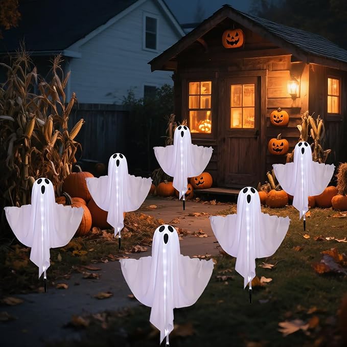 6-Pack Solar Ghost Lights for Halloween Decorations Outdoor, Light up Floating Scary Ghosts Decorations, Waterproof Solar Halloween Lights Outdoor for Yard, Garden, Pathway, Haunted House Party Decor