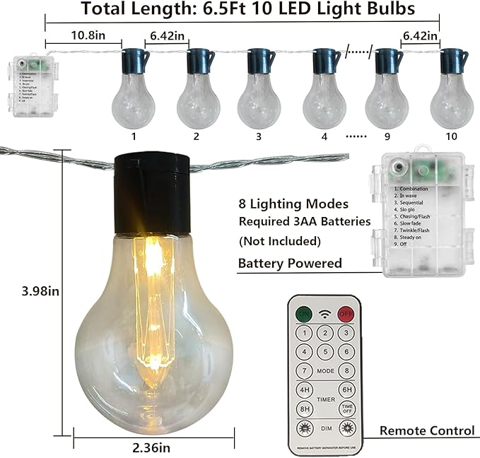 Vintage Christmas Lights Battery Powered 6.5Ft 10 LED Edison Hanging Lights with Remote Timer, Indoor Fairy Lights Shatterproof Outdoor Patio String Lights for Bedroom Garden Camping Christmas Decor