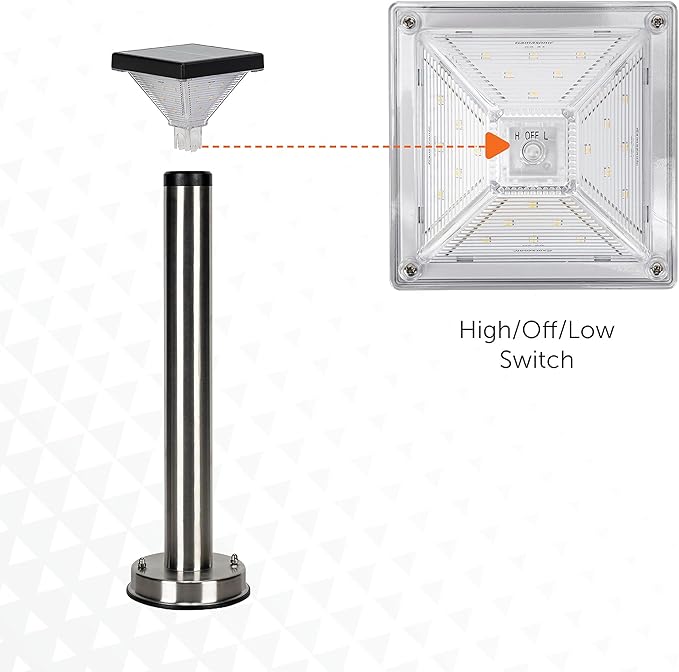 Gama Sonic Luxor Bollard Outdoor Solar Pathway Light, Silver Stainless, 20.25-inch Lamp Height, Sidewalk, Path, Driveway, 50 Lumens (144i58070)