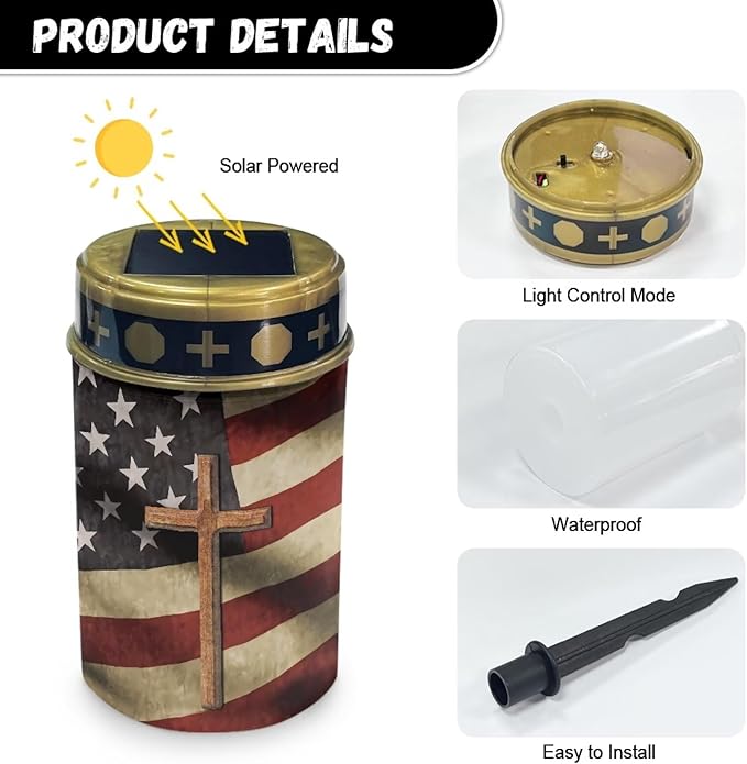 American Flag Cross Solar Stake Lights Waterproof Guardian Solar Lights Driveway Markers Solar Walkway Lights Sympathy Remembrance Memorial Gift for Grave Ornaments Garden Decor