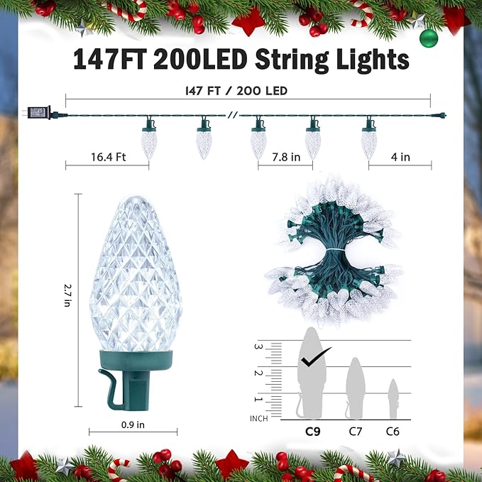 Minetom 147 FT 200 LED C9 LED Christmas Lights Outdoor - Plug in Fairy Lights with Timer & 8 Modes, Waterproof Commercial Grade Extendable for Indoor Outdoor Roofline Patio Yard Xmas, Red and Green