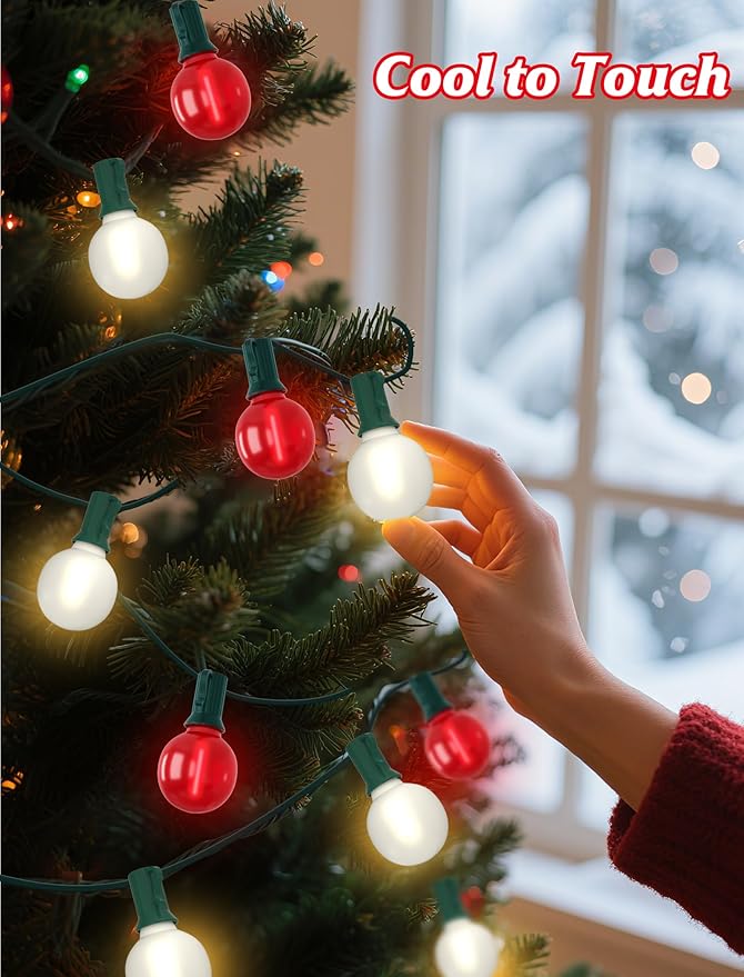 SUNSGNE G40 LED Christmas Globe Lights - 50FT Xmas Lights with 25 LED Frosted Red and White Christmas Bulbs for Indoor Outdoor Holiday Party Roofline Backyard Garden Patio Tree Decoration