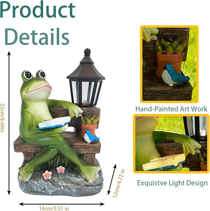 Reading Frog Solar Garden Statue with Lantern Light - Outdoor Decorative Resin Sculpture, Weather-Resistant LED Solar Figurine, for Yard, Patio, Garden Path, Porch Ambience Lighting Decor