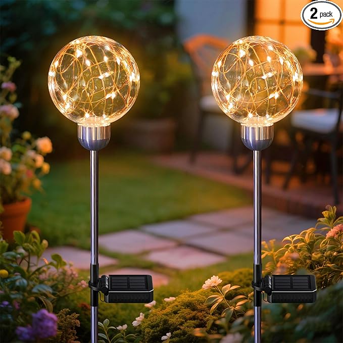 Solar Globe LED Lights Outdoor, 2 Pack Solar Powered Garden Light, Waterproof Walkway Lights for Patio Backyard Decoration