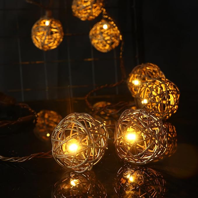 Vigdur Rattan Ball String Lights, Boho Lantern String Lights with 10 Led Bulbs Connectable, Indoor Outdoor String Light for Bedroom Wedding Garden Party Backyard Decor, 9.84FT