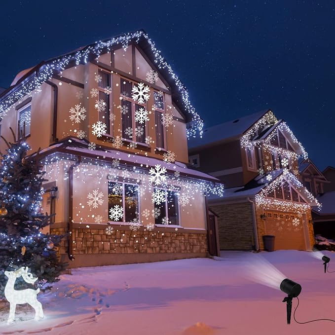 Christmas Snowflake Projector Lights Outdoor LED Snowfall Projection Landscape Lighting Waterproof Plug in Moving Effect Wall Mountable Snow Lights for Indoor Xmas Holiday Home Party New Year Show