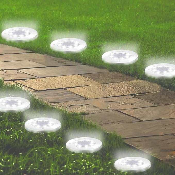 8 Pack Solar Inground Lights for Outside, 8 LED Waterproof Solar Disk Lights, Landscape Lighting for Garden Pathway, Cool White