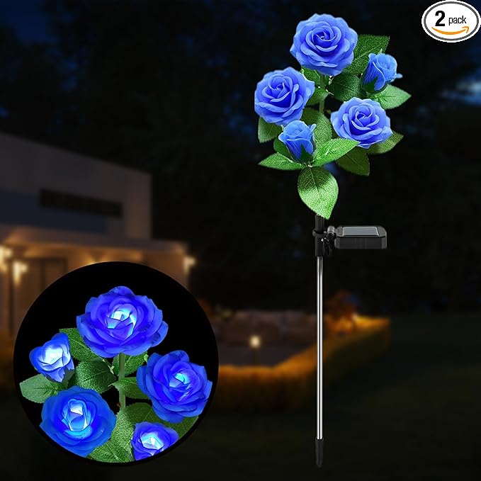Solar Garden Light Outdoor, Solar Flower Lights with 5 Rose Flowers, LED Waterproof Solar Lights for Patio Yard Pathway, Blue
