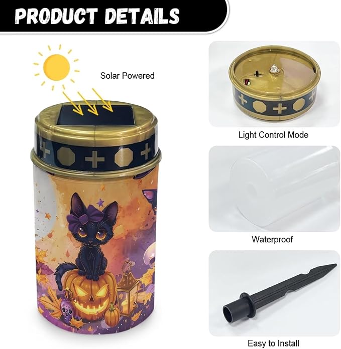 Black Cat and Pumpkin Solar Light Outdoor for Cemetery, Waterproof Garden Lights Solar Powered, Solar Lights for Garden, Balcony, Yard, Gifts for Memorial