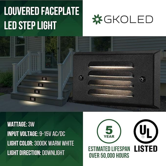 GKOLED 6 Pack Low Voltage LED Stair Light, Surface Mount Outdoor Step Lights with Horizontal Louvered Faceplate for Steps Decks Pathway Stairs Fences, 12V 3W 3000K, IP66 Rated Waterproof, Aluminum