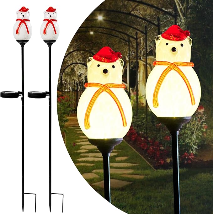 2 Pack Solar Powered Garden Stake Lights Outdoor, Cute Animal Outdoor Figurine Lights Ornament Statue Decor for Pathway, Patio, Polar Bear