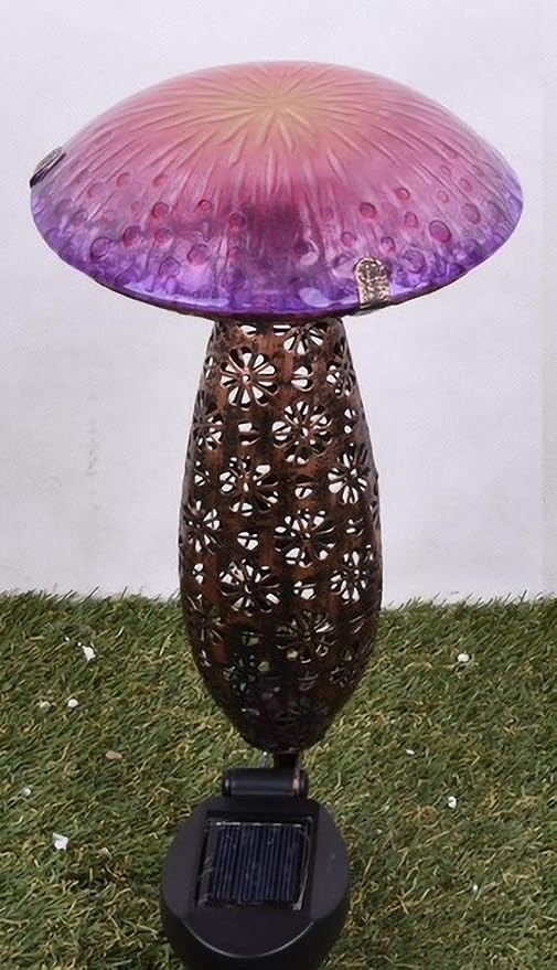 Hi-Line Gift Ltd. 78417-B Metal and Glass Solar Mushroom W/LED-Pink and Purple Garden Stake