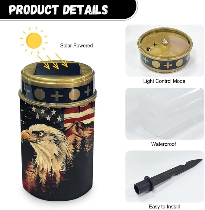 American Flag Eagle Solar Garden Lights for Cemetery Solar Lights Outdoor Garden, Eternal Lights for Cemetery Grave Decorations, Mi-YSFA4868N9-1