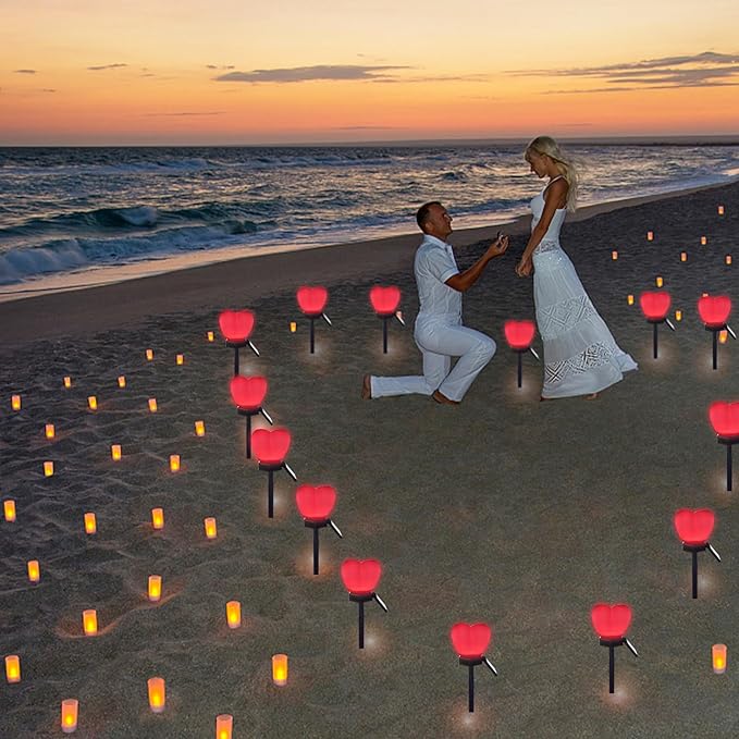Valentines Day Red Heart Solar Lights Outdoor, 2Pcs Waterproof Valentines Day Solar Garden Light LED Heart Lights Wedding Decorations for Yard Walkway Outside (Peach Pink)