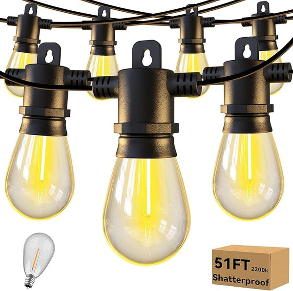 Aialun 51ft Outdoor String Lights 2200K Warm White,Outside Patio Lights Led S14 Shatterproof Plastic Edison Bulbs | Lumora
