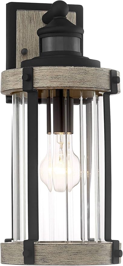 John Timberland Stan Rustic Outdoor Wall Light Fixture Wood Finish Black 15 1/2" Pleated Glass Motion Sensor Dusk to Dawn Decor for Exterior House Porch Patio Outside Deck Garage Yard Front Door