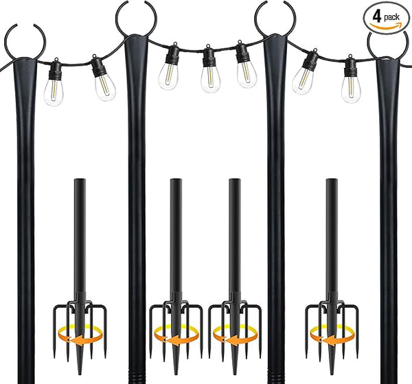 10 Ft String Light Poles for Outside, 4 Pack Heavy-Duty Metal Poles for Outdoor Hanging Lights with Fence Brackets | Lumora