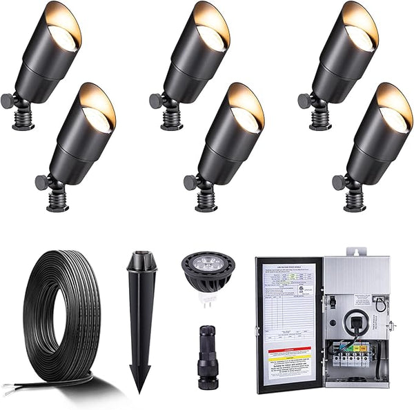 Gardenreet Black Brass Low Voltage Landscape Spotlights(6-Pack) Kit 12V LED with Low Voltage Transformer 150W & | Lumora
