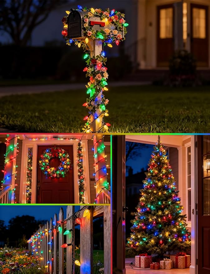 2 Pack Solar Christmas Lights Outdoor C6 Strawberry String Lights, LED Christmas Fairy Lights 50 LEDs Solar Operated Rechargeable Garden Lights for Christmas Tree, Arbor Decor