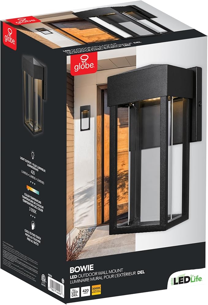 GLOBE Electric 44246 Bowie LED Integrated Outdoor Indoor Wall Sconce, Matte Black, Clear Glass Insert, 10W, 420 | Lumora