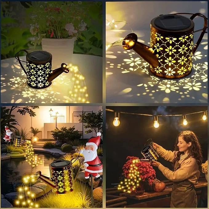 Christmas Santa Solar Kettle Lights Garden Lawn Vintage Metal Santa Claus Solar Watering Can with LED Light, Waterproof Outdoor Lantern Decoration for Patio, Pathway, Yard