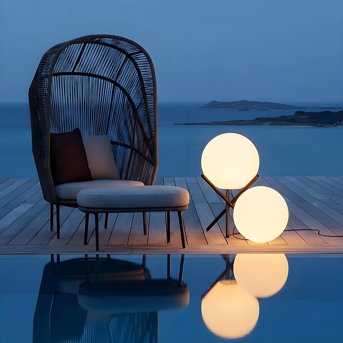 Lightdot Outdoor Floor Lamp, 12-Inch LED Ball Light with Milky White Waterproof Shade - 10W 3000K Corn Globe Floor Lamps with Stable Black Tripod Base, for Patio Garden Living Room, Bedroom, Plug&Play