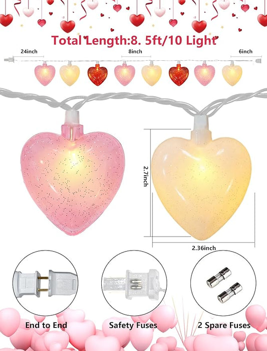 Valentines Day Heart String Lights Plug in, 8.5Ft Indoor Outdoor Valentine's Day Decorations String Lights with 10 LED Red Pink and White Heart Lights for Wedding Party Window Christmas Birthday Decor
