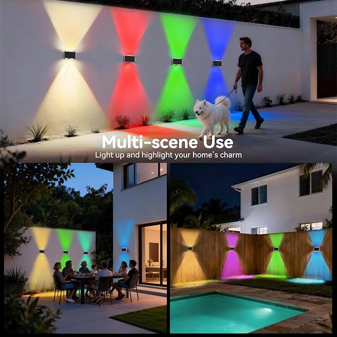 TECKNET Solar Fence Lights 12 Pack, 8 Modes RGB Color Changing, Up Down Lights & 200°Wide Lighting, IP66 Waterproof Dual-Lens LED Decorative Lights for Wall/Garden/Fence/Patio/Backyard