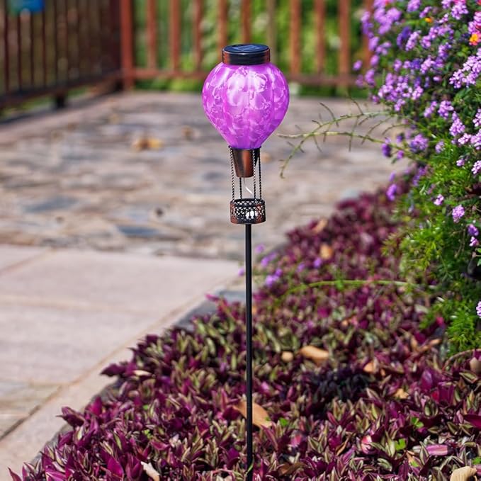 Solar Garden Lights Outdoor with Hot Air Balloon, Stake Garden Lights Solar Waterproof Flickering Lantern Lawn Pathway Patio Decor(Purple)