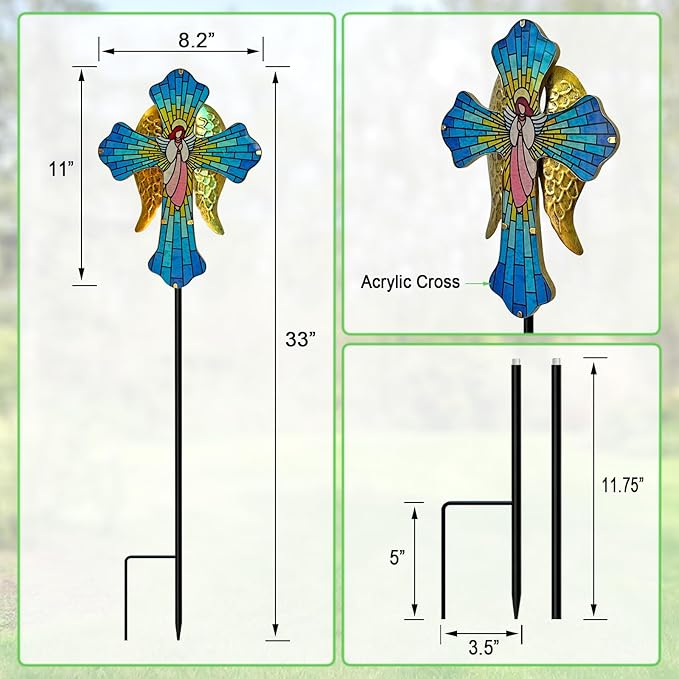 WAIU Solar Cross Garden Stake Lights, Angel Wings Waterproof Solar Outdoor Lights for Garden Yard Cemetery Decor, Memorial Cross Solar Christmas Lights