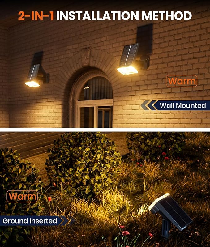 1 Pack Solar Spotlights Outdoor Waterproof IP67,Adjustable Wall&Ground Solar Lights Powered with 3 Colors, 3 Modes | Lumora
