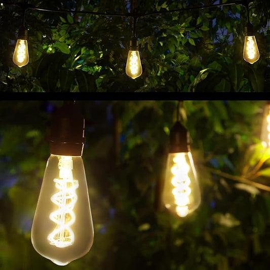 Wintergreen Lighting 15' FlexFilament LED ST64 Edison Patio Lights, Suspended Sockets, Commercial Grade LED Patio Lights, 10 LED Filament Bulbs, 18" Spacing Outdoor Patio Lights