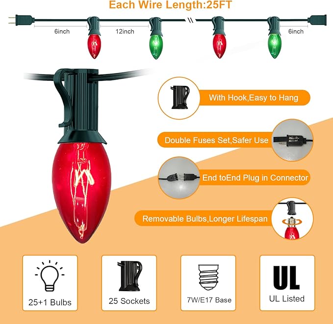 C9 Vintage Christmas String Lights, 25Ft Red & Green with 26 C9 Bulbs, Outdoor Hanging Patio Lights for Christmas | Lumora