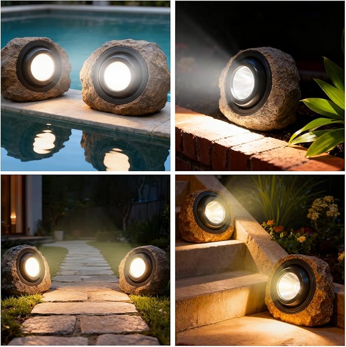 Solar Powered Rock Lights Outdoor- 4 Pack Super Bright Solar Spot Garden with 2 Lighting Modes, IP65 Waterproof Outdoor Decorative for Garden,Backyard, Roads, Yard, Patio Landscape,Sidewalks