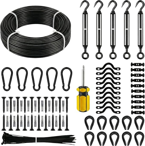 165FT All-Black Outdoor String Light Hanging Kit, 304 Stainless Steel Guide Wire with Matte Black Hardware Set | Lumora