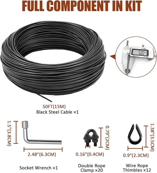 String Light Hanging Kit Outdoor, Full Black Globe String Lights Suspension Kit w/ 100FT PVC Coated Steel Cable & Enough Accessories, Guide Wire for String Light, Patio Light, Camping Light