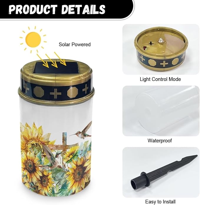 HUGS IDEA Sunflower Cross Solar Grave Lights Hummingbird Grave Lanterns Waterproof Grave Yard Decorations Outdoor | Lumora