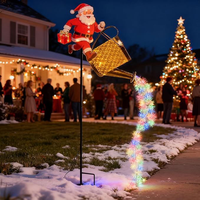 Christmas Santa Solar Kettle Lights, Waterproof Solar Watering Can with Cascading Lights, Garden Lawn Decorative Light, Hanging Metal Solars Santas Watering Can Led Light for Yard Pathway