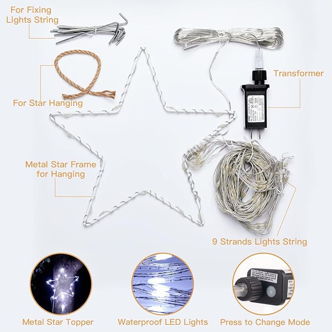 Christmas Decorations Star String Lights, 344 LED Waterfall Tree Lights with 11" Topper Iron Star Christmas Lights Indoor Outdoor Decorative for Wedding Party Home Holiday Decor (Pure White)