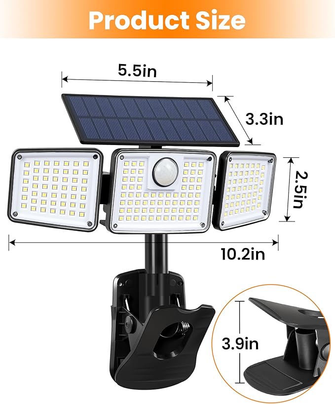 Clip on Solar Lights, 1500LM Motion Sensor Security Lights with Remote Control, 270°Wide Angle Solar Flood Light, 3 Heads High Bright Solar Lights Outdoor Waterproof for Fence Gutter Yard(2Pack)