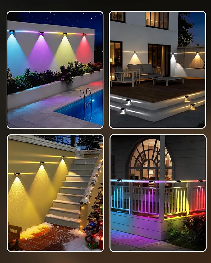 Solar Fence Lights Outdoor with 3-Way Lensed Lighting, Fence Light Solar Powered 12 Mode RGB Color Changing | Lumora