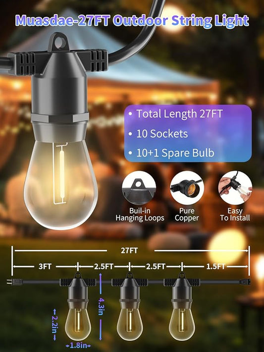 27FT LED String Lights Outdoor S14 Patio Light, Patio Lights Edison Shatterproof Bulbs Weatherproof Strand, Commercial Grade Outdoor Lighting, Decorative for Garden or Patio