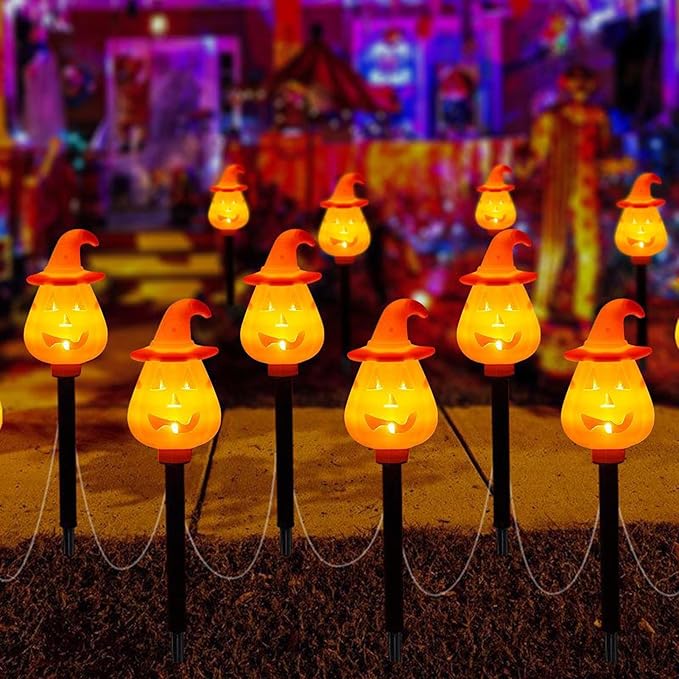 Halloween Pumpkin Pathway Lights,Solar Halloween Pumpkin Stakes - Ground Insert Adjustable Display Stand Garden Decorations for Pathway Lawn Yard Porch Outside Grave