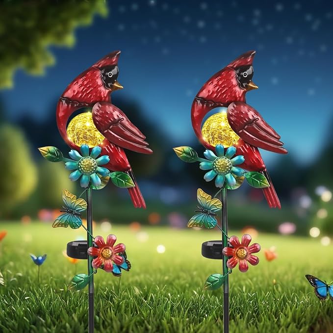 Cardinal Decor Solar Garden Stakes Outdoor Decorative Waterproof Metal Garden Sculpture Cardinal Solar Lights for Outside Lawn Yard Patio Cemetery Decoration Red Bird Gardening Gifts for Women