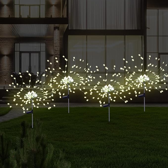 2 Pack Solar Firework Lights Outdoor, 175 LED Garden Lights with 2 Modes, Waterproof DIY Copper Wire Solar Starburst Light for Yard Wedding Patio Halloween Christmas Decor(Warm White)